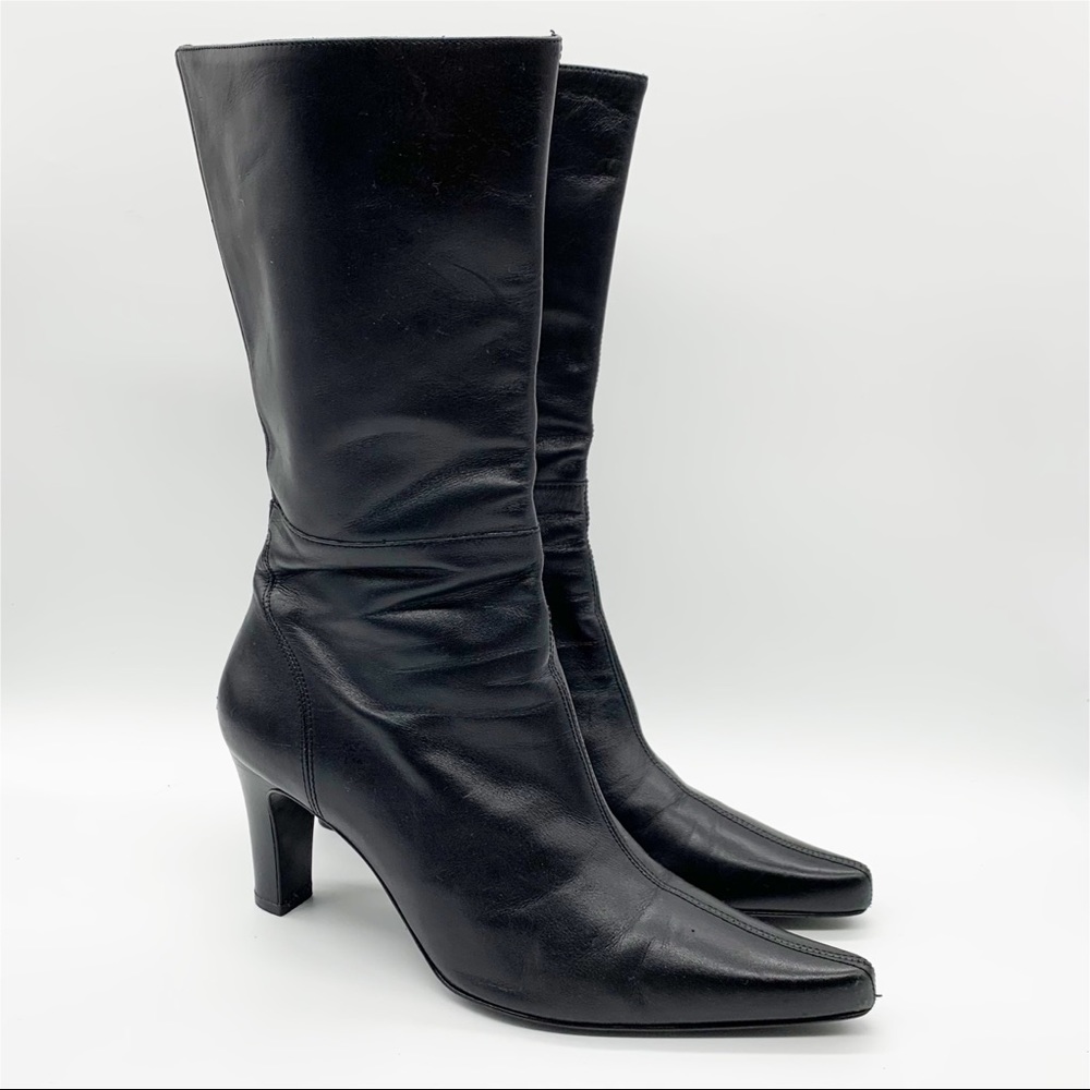 Andrea Coleccion Leather Mid Calf Pointy Toe Stacked Heel Boots Size 5